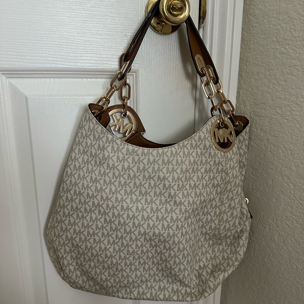 Michael Kors Cream Monogram Shoulder Bag with Gold Accents